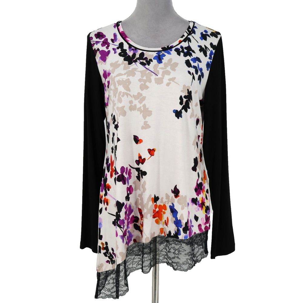 Lori Goldstein Logo Top Womens Medium Gray Black Floral Stretch Knit Blouse Lace